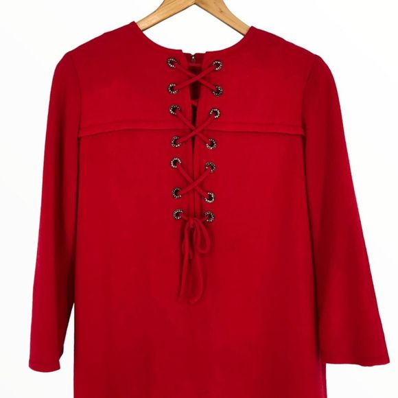 70’s Vintage Bill Blass Red Neiman Marcus Crisscross Lace Up Elbow Sleeve Dress - Picture 2 of 16